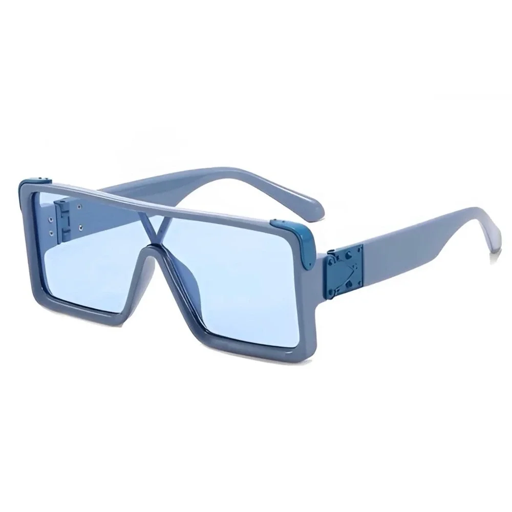 Mens Blue Oversized Square Shield Sunglasses Futuristic Flat‎ Top V-Bridge Shade